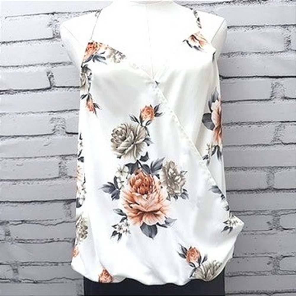 Shein Women Floral Surplice Cami Top White Orange Satin‎ Bubble Hem Tank Medium